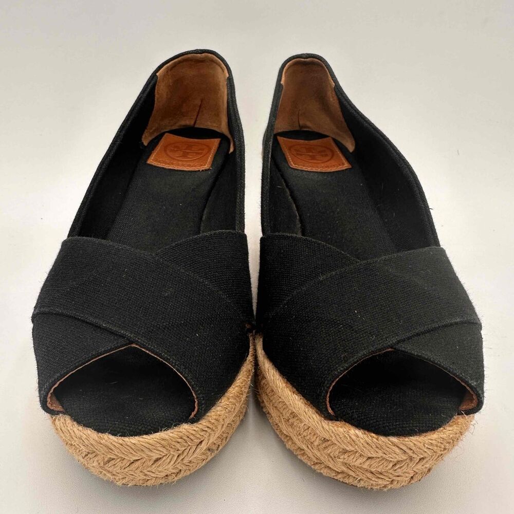 Tory Burch Black Filipa Open Toe Espadrille Wedges Shoes Size 38 / 8 - Picture 3 of 10